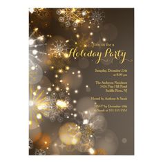 an elegant holiday party card with snowflakes and lights in gold, brown and white