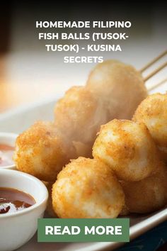 Filipino fish balls served with dipping sauces on a white plate. Fish Ball, The Secret, Fish