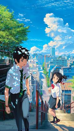 an anime scene with two people walking up the stairs and one person standing on the other side