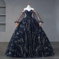 Sleeves: detachablePetticoat: detachable Starry Night Gown, Blue Prom Dresses 2023, Midnight Blue Prom Dresses, Navy Blue Wedding Dress, Themed Prom Dresses, Princess Dress Fairytale, Starry Night Dress, Celestial Dress, Navy Blue Prom