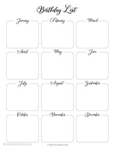 printable birthday list for kids with the names and numbers on it in black ink