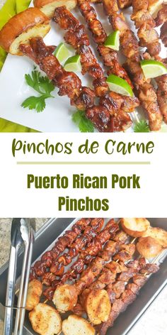 an image of some food on a plate with the words pinchos de carne