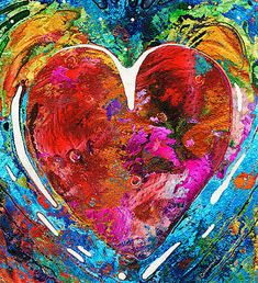 an abstract painting of a heart in blue, red and yellow colors with white accents