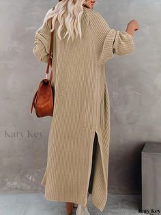 Katykey - Womens Open Front Long Cardigan: A Stylish and Versatile Sweater with Long Sleeves and Chic Side Split Design for Spring and Fall Wardrobe Long Ribbed Sweater For Fall, Long Ribbed Sweater For Winter, Long Ribbed Winter Sweater, Casual Long Sleeve Ribbed Sweater Coat, Casual Long Ribbed Sweater, Long Ribbed Casual Sweater, Beige Long Casual Sweater, Khaki Long Sleeve Sweater For Spring, Versatile Sweater