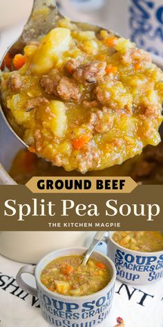 a spoon full of split pea soup on top of a table