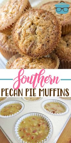 some muffins are sitting on top of a tray with the words southern pecan pie muffins