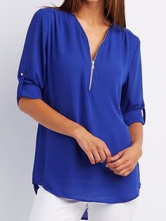 🚚FREE Shipping on orders over $60 ✨ use Code: "Mylook" for Extra Discount at checkout ﻿- 📏Sizing: run a little small 📏 Adjustable zipper front closure, solid color, sexy V neck, pullover loose, can be roll-up 2/3 sleeve or long sleeve as you like, simple but fashionable design, elegant and charming so much.This blouse is always a good choice whether in the office, café or after-work drinks, sports, shopping, work, school, beach, vacation, sports, perfectly pair with leggings, shorts, jeans, a Blus Sifon, Loose Dress Pattern, Chiffon Tops Blouses, Chiffon Blouses, Plain Blouse, Loose Shirts, Persona 5, Chiffon Shirt, Chiffon Blouse