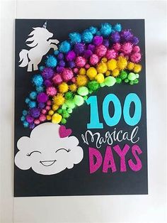 a poster with pom poms on it that says 100 musical days and an unicorn