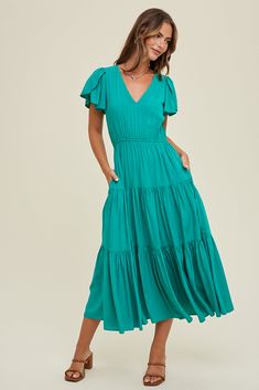 Tiered Flutter Sleeve Midi Dress Wishlist WL24-8625 Skirt Pockets, Darling Dress, Midi Length Skirts, Sleeve Midi Dress, Midi Dress With Sleeves, Sweater Sale, Tier Skirt, Tiered Skirt, Dress Romper