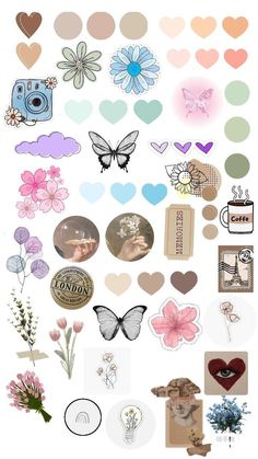 a bunch of different stickers that are on top of a white surface with flowers and hearts