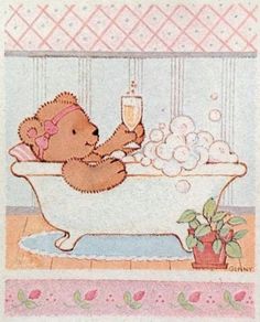 a brown teddy bear sitting in a bathtub holding a glass of wine and bubbles