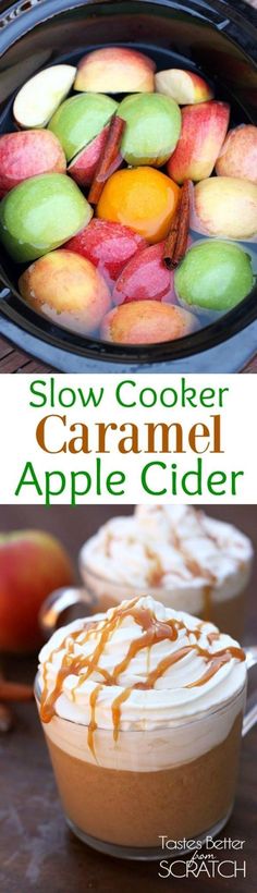 slow cooker caramel apple cider recipe with apples and cinnamon in the background