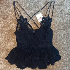 Nwt, Adjustable Strap, Stretch Back, Lace, Excellent Condition Never Worn Stretch Back, Ruffle Crop Top, Free People Tops, Black Color, Spaghetti Strap, Spaghetti, Free People, Crop Top, Womens Tops