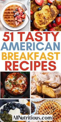 the cover of 51 tasty american breakfast recipes, including waffles and fruit