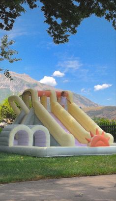 a large inflatable slide that is on the grass