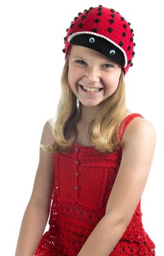 "♥ ♥ ♥ ♥ ♥ ♥  SPECIAL DEAL FOR YOU: get 20% off on purchase of $24.95 or more. Use code WELCOME20 at checkout. Go whimsical with an ever-so-fun crocheted Ladybug Cap--perfect for a party-ready look or for just traipsing along on a summer day! The cap is worked in rounds from bottom to top and consists of a two layered brim with fun eye-buttons sewn on bottom layer, band, top crocheted button and detachable Daisy Pin. Polka dots (contrasting puff stitches) are worked as you go carry the yarn thro Crochet Ladybug, Crochet Stitches Diagram, Cap Girl, Crochet Cap, Puff Stitch, Baby Cap, Flower Hats, Crochet Hook Sizes, Flower Pins