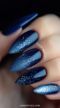 Bring a cool and festive vibe to your holiday style with 21+ blue Christmas nail ideas. From icy blue tones with shimmering silver accents to deep navy designs adorned with snowflakes and stars, these nails are perfect for winter celebrations. Try elegant ombré effects, glittery tips, or frosty patterns to capture the magic of the season. #BlueChristmasNails #HolidayNailInspo #FestiveNailArt2024 Christmas Nails Blue Glitter, Blue And Silver Nails Almond, Winter Nails Navy, Navy Winter Nails, Blue Christmas Nail Ideas, Sparkly Winter Nails, Blue Holiday Nails, Blue Sparkle Nails, Blue Christmas Nails