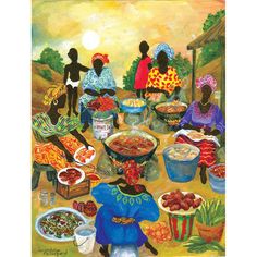 a painting of people sitting at a table with many bowls and plates of food in front of them