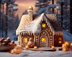 a gingerbread house with lit candles in front of it and snow on the ground