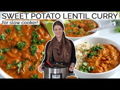 a woman standing in front of two bowls filled with stew and rice, while holding a slow cooker