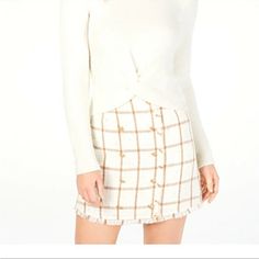 Leyden Monroe Plaid Printed Mini Skirt Ivory Tan Plaid Nwt Size Small Gold Button Detail With Frayed Hem. Side Zip. Some Sparkle In The Fabric. Great For Holiday Parties. Brand Tag Still Attached (No Price Tag) From A Smoke Free Home With Fast Shipping Academia, Plaid, Preppy, School Girl, Clueless, Twee, Light Academia Printed Mini Skirt, Preppy School, Tan Plaid, Light Academia, Clueless, Brand Tags, Button Detail, Holiday Parties, Mini Skirt