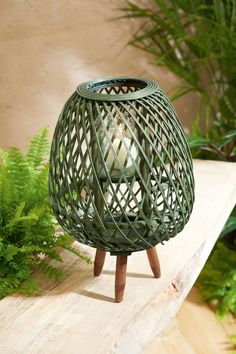 a green candle holder sitting on top of a wooden table next to plants and greenery