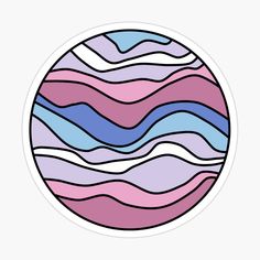 a round sticker with wavy lines in the middle and pink, blue, and purple colors