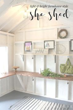 there is a shelf with pictures on it and the words light & bright farmhouse style she shed