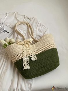 BirdinBag - Spacious Womens Summer Woven Basket Shoulder Bag - Perfect for Travel & Beach Green Handheld Shoulder Bag For Vacation, Chic Green Rectangular Beach Bag, Green Pouch Bag For Vacation, Green Handheld Bags With Braided Handles, Green Pouch Bag With Braided Handles, Green Rectangular Crochet Bag With Removable Pouch, Green Tote Satchel For Beach, Green Rectangular Bag With Braided Handles, Green Crochet Bag With Large Capacity For Shopping