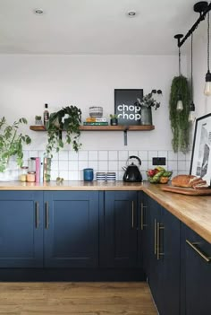 a kitchen with blue cabinets and wooden counter tops, plants on the shelves over the sink