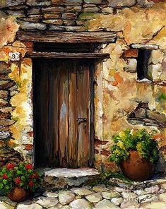 a painting of an old stone building with potted plants on the outside and door