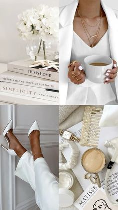 a woman in white is holding a coffee cup and wearing high heeled shoes with her feet up