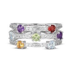 three rings with different colored stones on each one and white diamonds in the other side