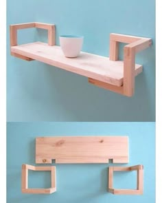 two wooden shelves with one shelf holding a bowl and the other hanging on a wall