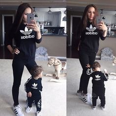 two pictures of a woman taking a selfie with her baby and toddler wearing matching adidas sweatshirts