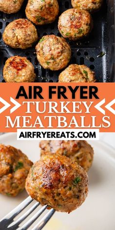 air fryer turkey meatballs on a plate with a fork and text overlay that says air fryer turkey meatballs