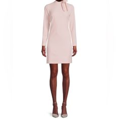 A Charming Dress From Calvin Klein. Pair This Sheath Creation With Heels For A Polished Finish. Zipper At Center Back Lined Imported High Neck With Bow Detail; Sheath Silhouette Scuba Crepe: Stretchy And Supportive Calvin Klein Bodycon Dress For Spring, Calvin Klein Spring Bodycon Dress, Feminine Pink Sheath Bodycon Dress, Chic Pink Sheath Mini Dress, Pink Bodycon Mini Dress For Formal Occasions, Feminine Pink Sheath Mini Dress, Spring Party Bodycon Dress By Calvin Klein, Chic Calvin Klein Mini Dress, Elegant Bodycon Mini Dress For Daywear