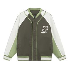 Li-Ning BadFive Graphic Cotton Baseball Jacket 'Olive White' AJMT017-5 Green Cotton Long Sleeve Varsity Jacket, Long Sleeve Khaki Track Jacket For Streetwear, Green Long Sleeve Varsity Jacket For Spring, Casual Dark Green Outerwear For Fall, Green College Outerwear With Pockets, Green Casual Varsity Jacket For Spring, Green Outerwear With Pockets For College, Sporty Long Sleeve Khaki Outerwear, Green Varsity Jacket With Pockets For College