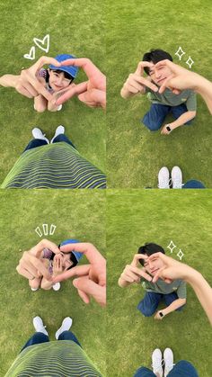 four pictures of people laying in the grass making faces with their hands and eyes open