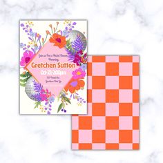 a pink and orange checkerboard pattern with flowers on it is next to a card