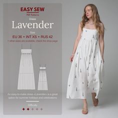 a woman in a white dress is standing next to an easy sew pattern