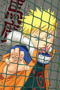 an anime character behind a fence with his fist out