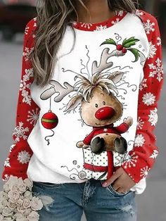 Multicolor Casual Round Neck Snowflake Printed Long Sleeve Sweatshirts Plus Size Christmas Tops, Christmas Tops, Sweater Collection, Estilo Chic, Round Neck Sweaters, Warm Sweaters, Pullover Designs, Round Neck Tops, Christmas Fashion