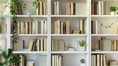 a bookshelf filled with lots of books next to a potted green plant