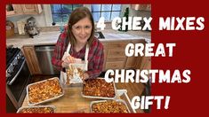 a woman is holding some food in front of her kitchen counter with the words 4 cheesy mixes great christmas gift