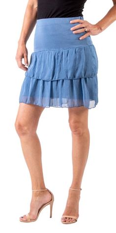 100% Silk Short Tiered Skirt with Knit Waistband. 95% Viscose, 5% Elastane Lining. One Size Fits All Made in Italy. Model is 5' 8" Tiered Skirts, Silk Shorts, Tier Skirt, One Size Fits All, New Bag, Online Store, Bag Accessories, Turquoise, Silk