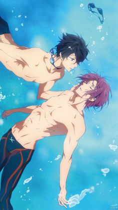 two anime characters in the water with one holding on to his leg and another standing up