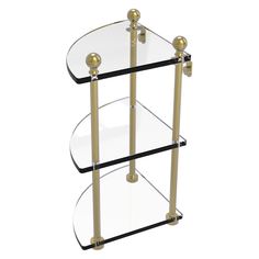 two tiered glass and brass shelf with metal posts on each side, one is empty