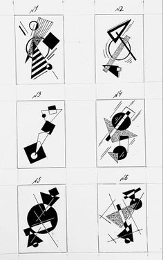 six different black and white drawings with geometric shapes on them, all in various squares