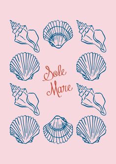 the words sole mare are surrounded by seashells in blue on a pink background